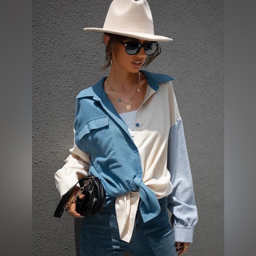 Colorblock Button Down Corduroy Shacket Long Sleeve Button Down Blouse